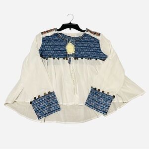 Velzera Boho Embroidered Coin Tassel Blue White Long Sleeve Open Top Size L